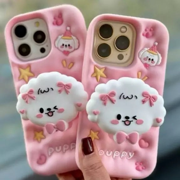 3D Puppy Knot Cartoon Dog Love Pastel Pink Phone Holder Kawaii Case